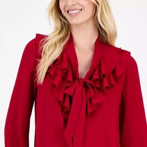 #129 KASPER RUFFLED TIE FRONT V-NECK RED BLOUSE TOP SIZE MEDIUM